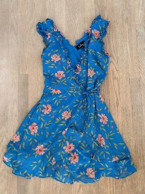 Lulu's Blue Floral Mini Wrap Dress